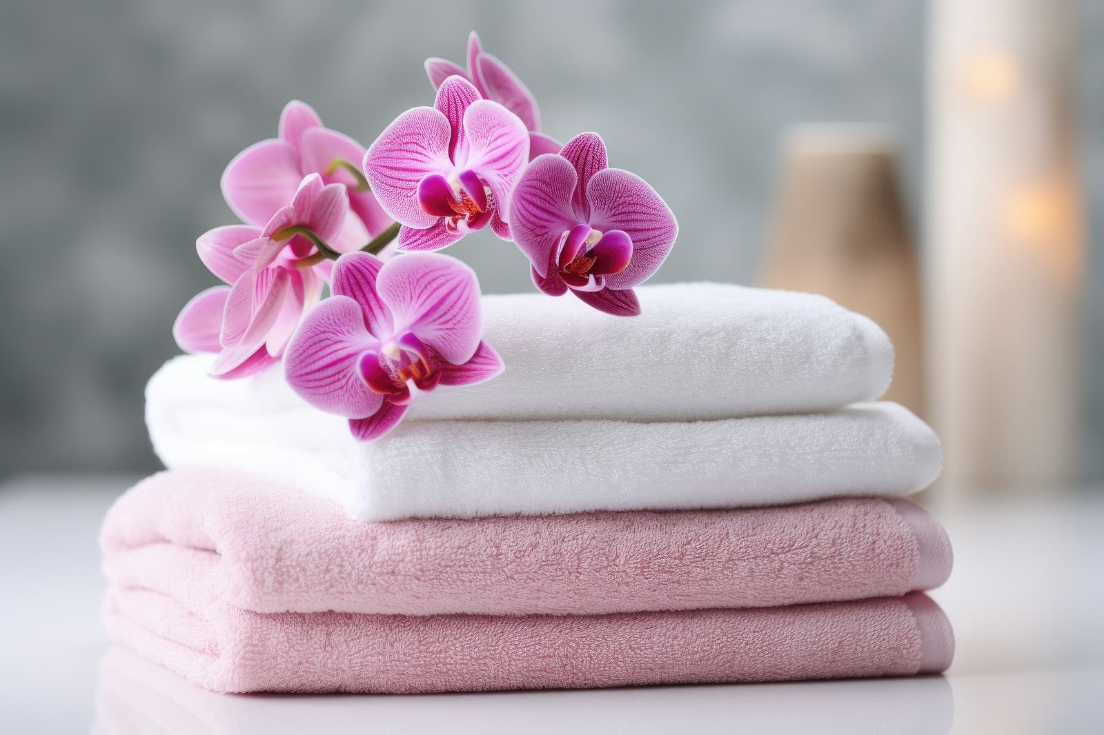 Toalhas dobradas, brancas e rosadas, com orquídeas por cima